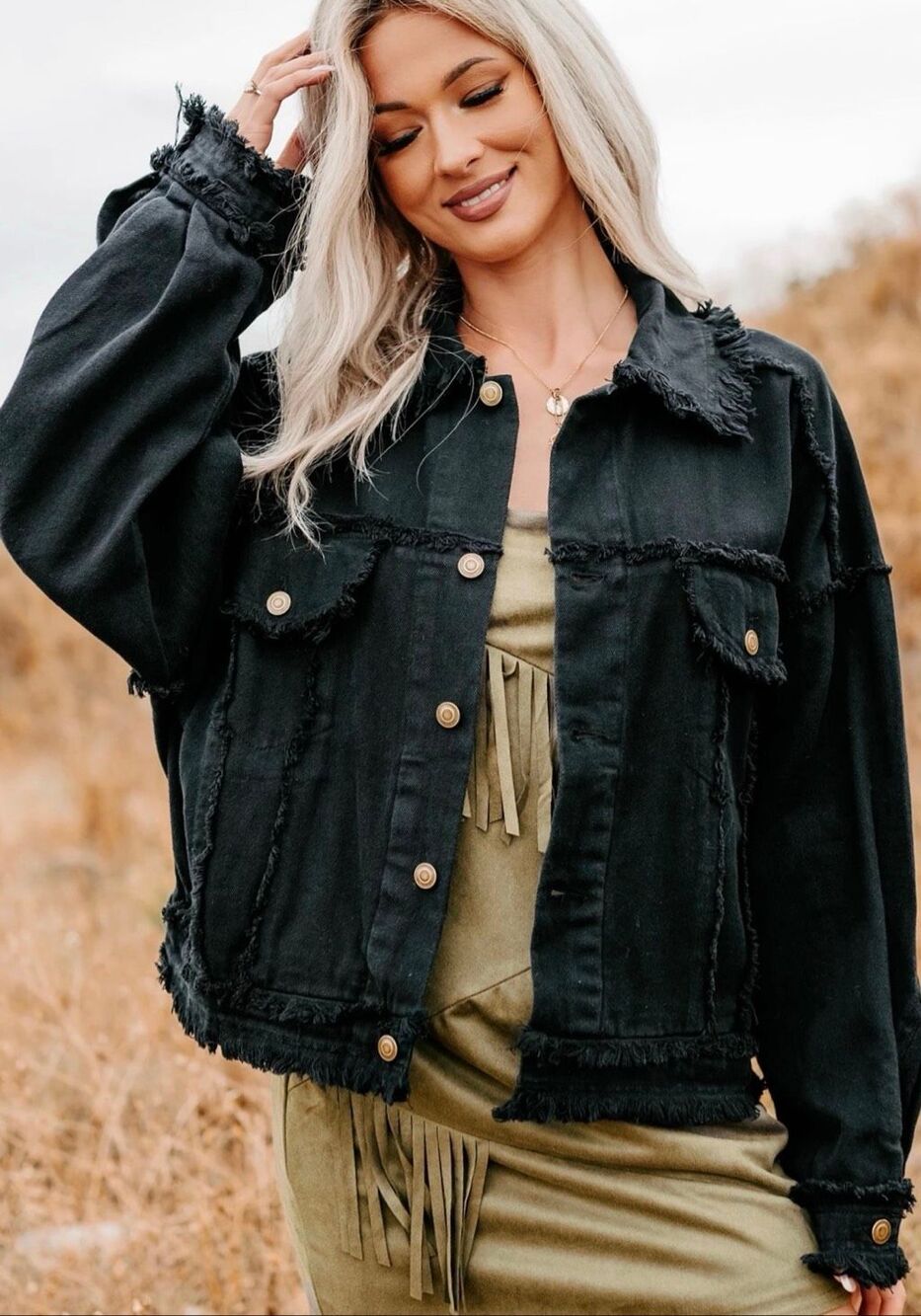 Black Oversized Raw Hem Denim Shacket Jacket Frayed Trucker Button Up HYFVE L - Picture 3 of 15